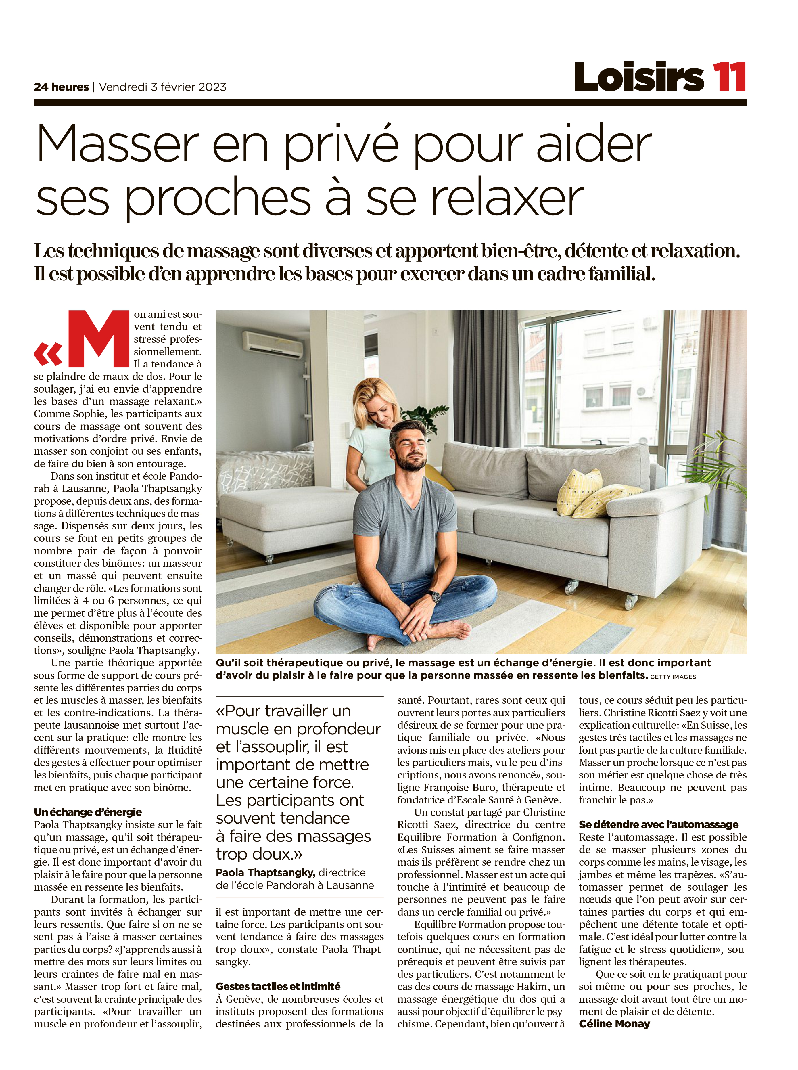 ORAH Cours de massage, Kobido, Lomi Lomi, massage sportif et massage classique, massage assis, formations bien-être au centre Orah, école accréditée ASCA à Lausanne, article 24 Heures
